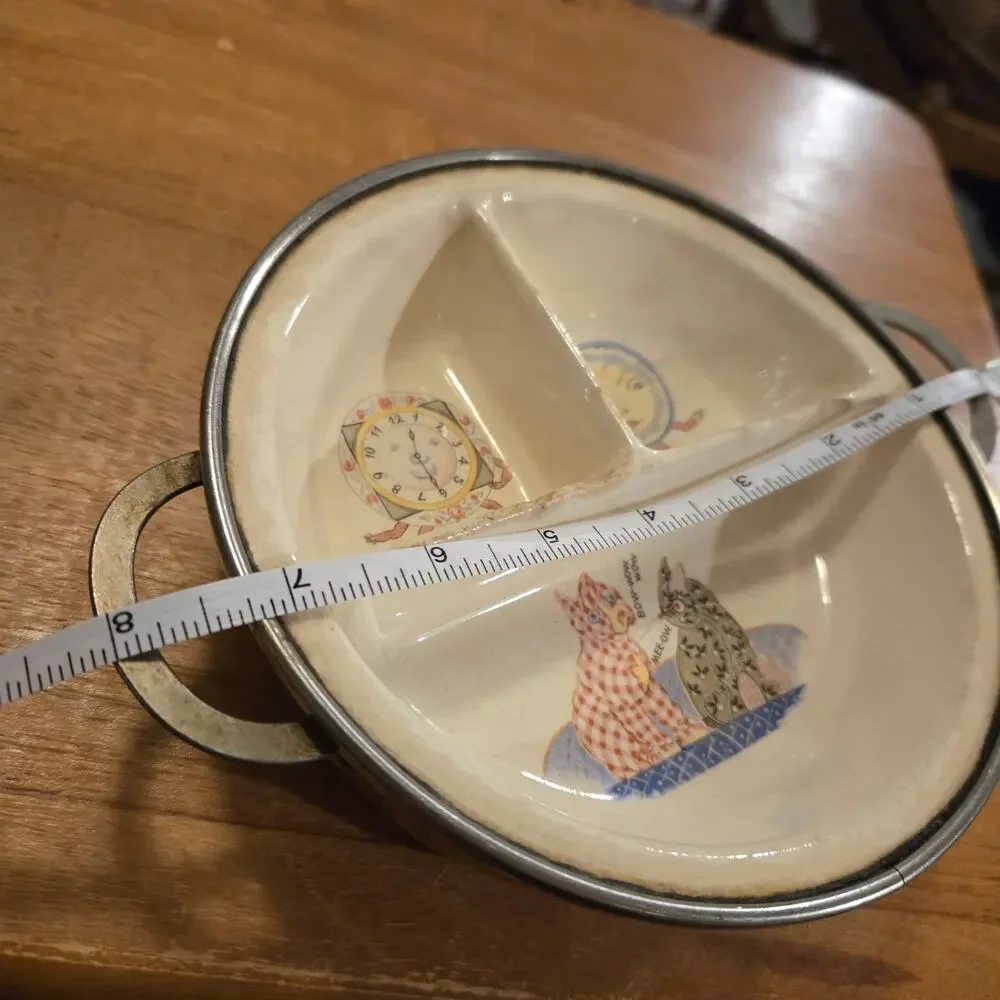 Vintage Excello Baby Food Warming Dish Cats Clocks Moon Divided Ceramic Plate